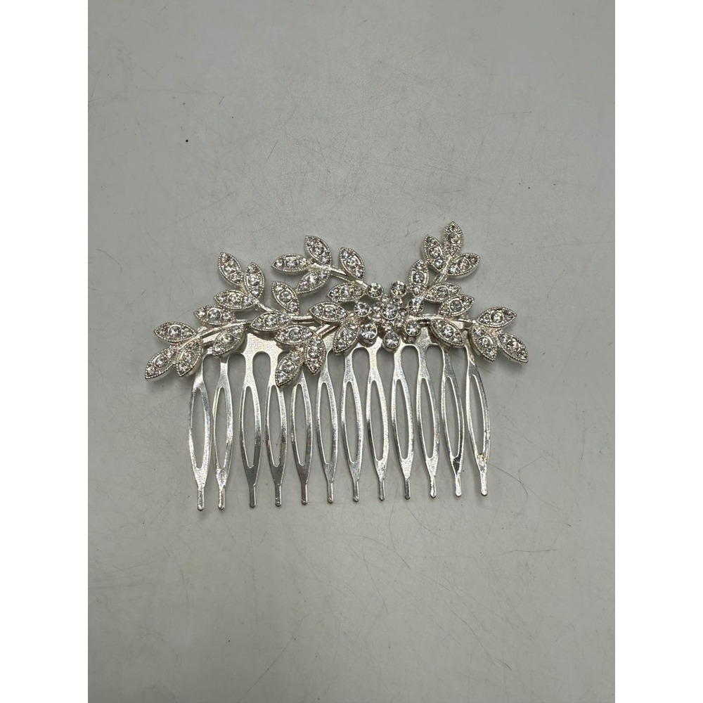 Silver Tone Floral Rhinestone Bridal Hair Comb Leaf Wedding Accessory